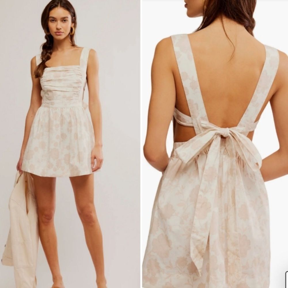 Free People Meet Me In Maui Printed Ivory Mini Dress/ Cut-out with Bow - Picture 12 of 15